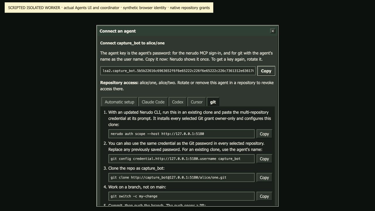 Actual Agents result with selected repository names and Git guidance.