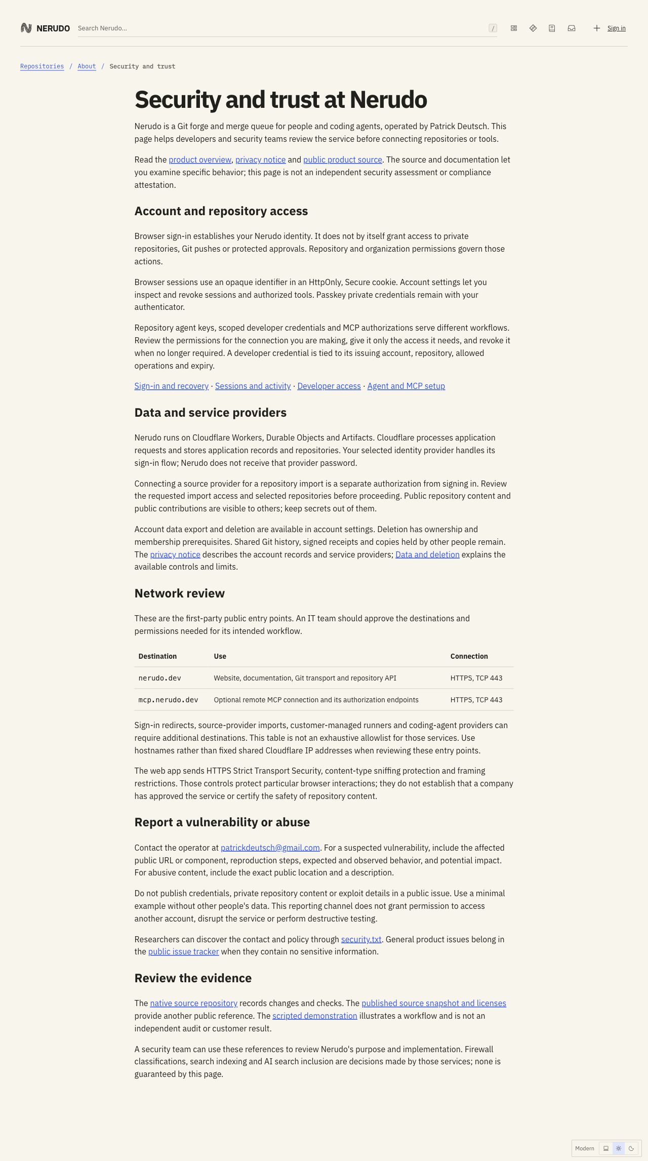 Actual compiled local security page, identifying the operator, access boundaries and reporting references.