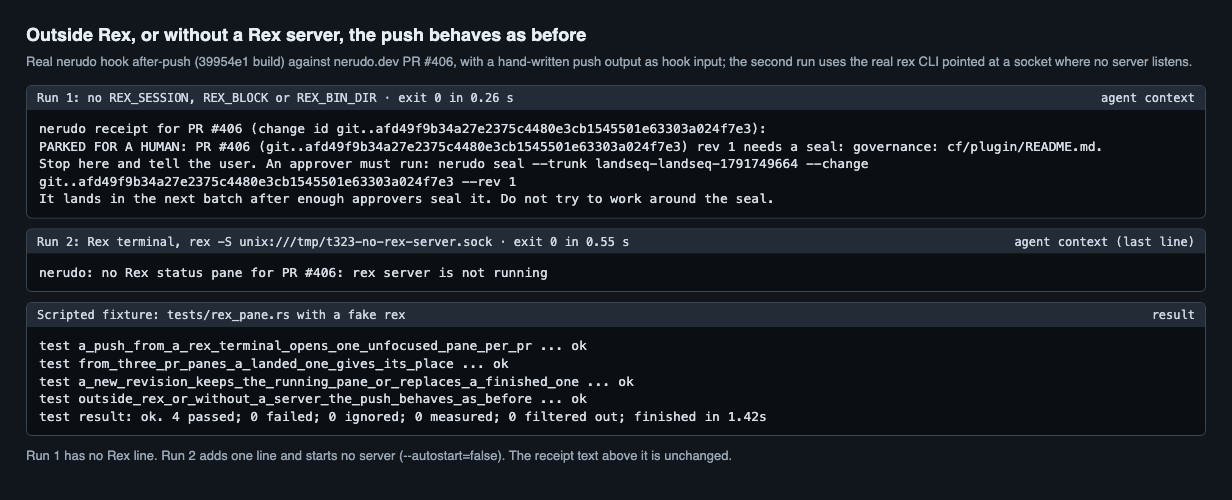 Two hook runs: outside Rex with no Rex line, and with an unreachable Rex server with one added line; plus the scripted fixture results.