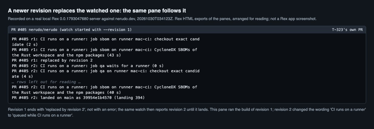 A watch pane for PR 405 prints replaced by revision 2 and then reports revision 2 until it lands.