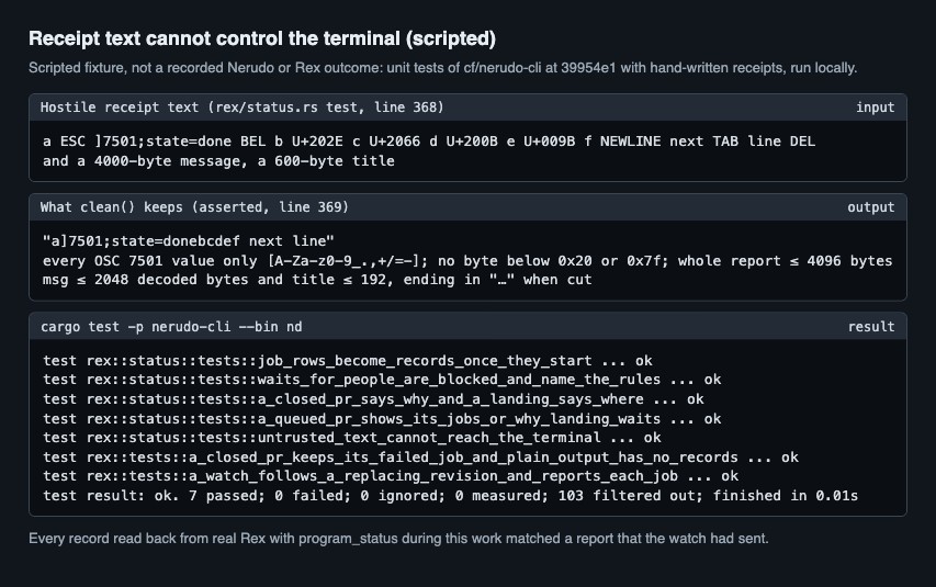 Hostile receipt text and the plain text that remains after cleaning, with the test results.